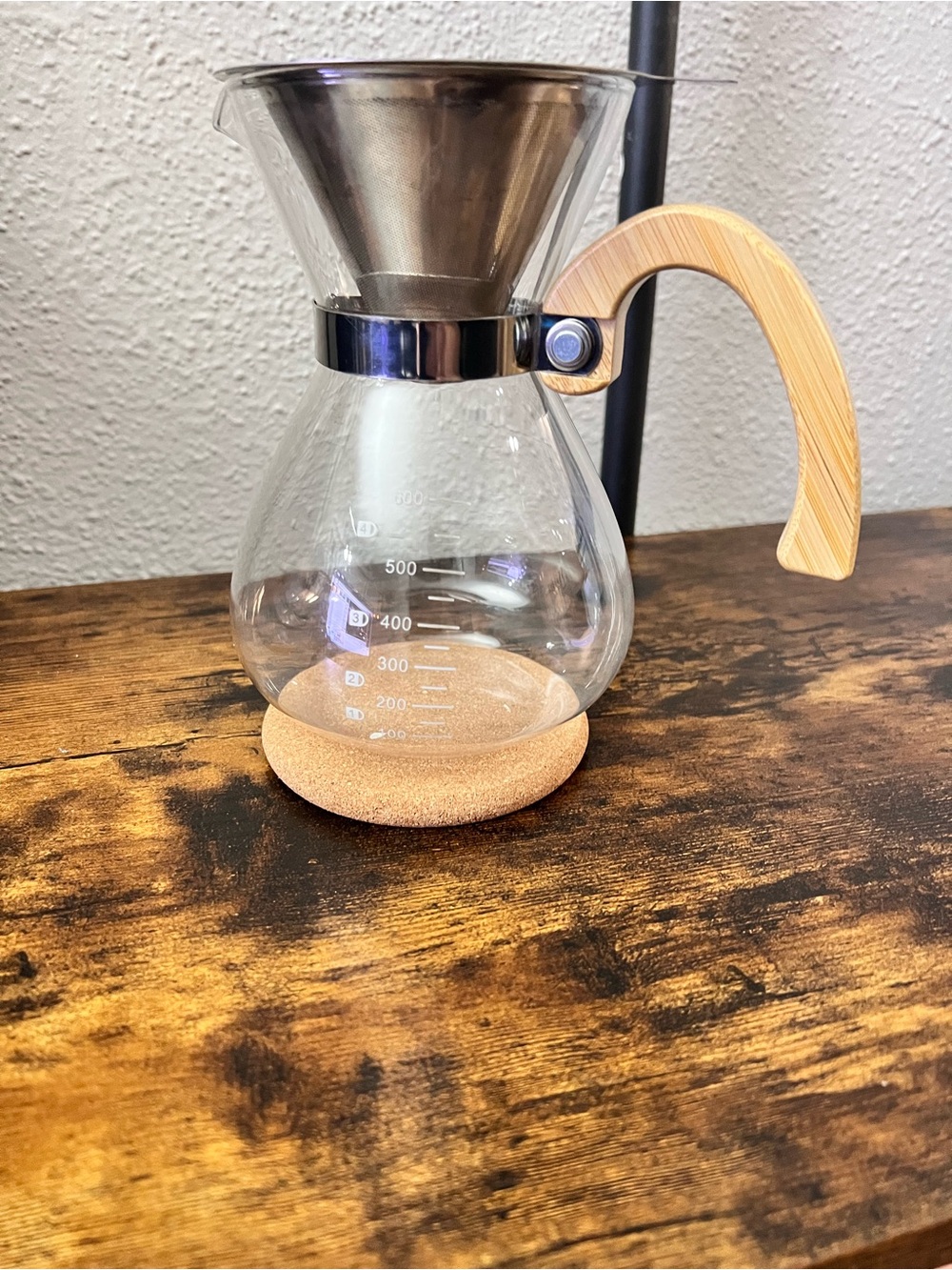 Glass Coffee Carafe with Wood Handle and Cork Base - Clear